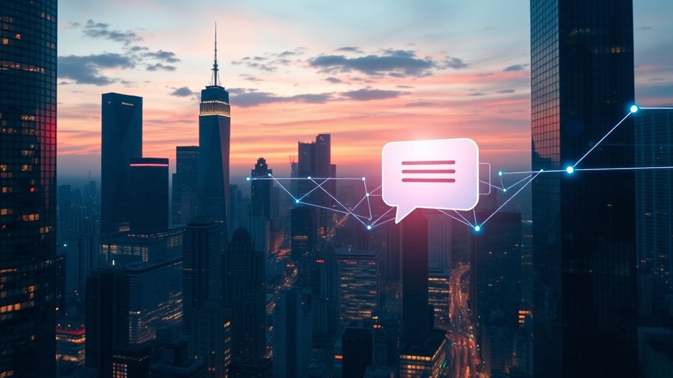 Futuristic cityscape with glowing digital streams and chatbot interface.