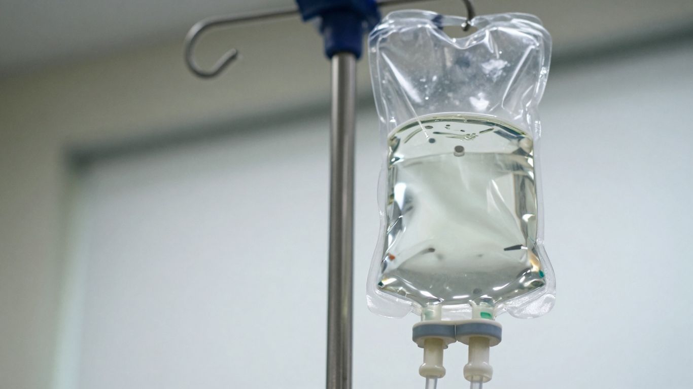 Bolsa de soro intravenoso com tubo e suporte.