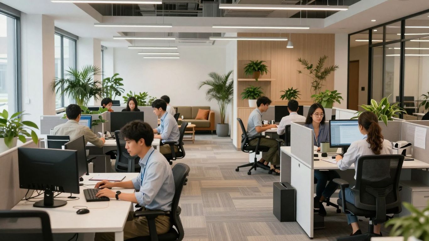 Modern office with collaborative spaces and diverse employees.