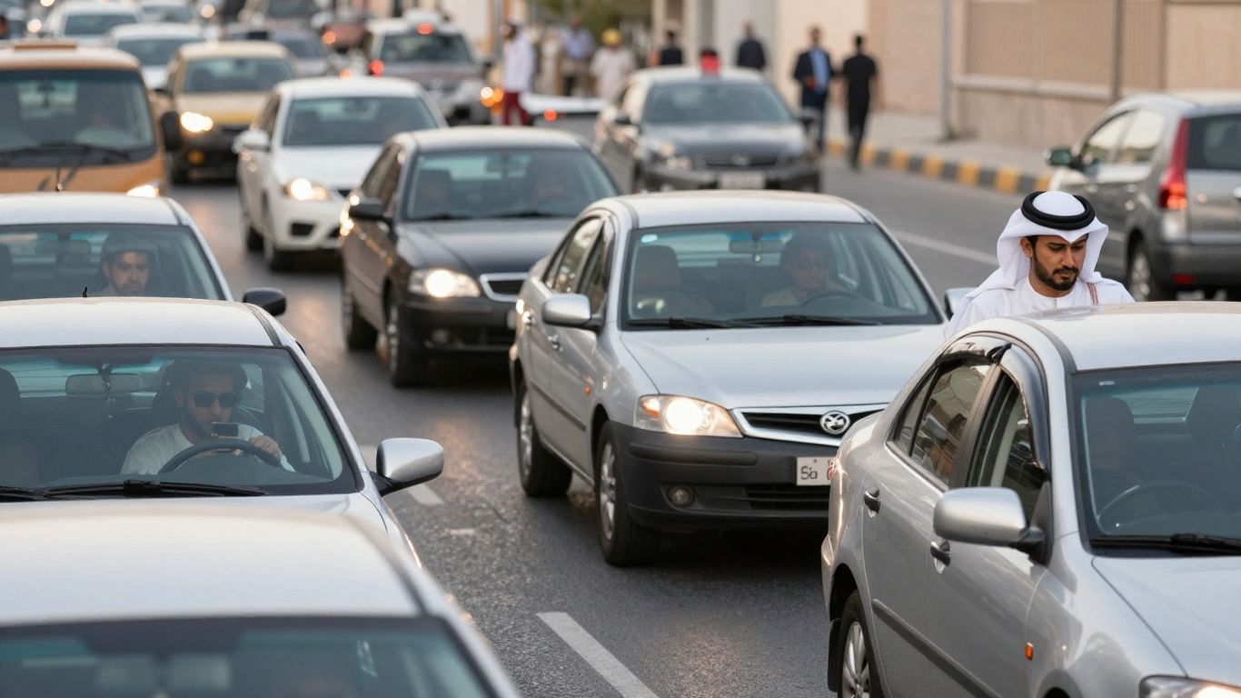 شوارع سعودية مزدحمة مع سيارات وسائقين يستخدمون التكنولوجيا