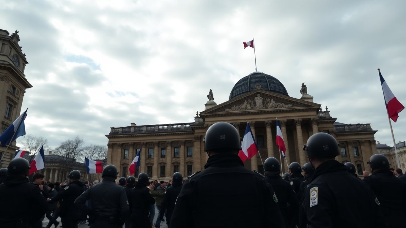 Des policiers devant l’Assemblée nationale pendant des manifestations.