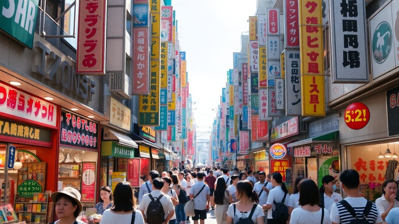 Tokyo shopping street with colorful shops and people