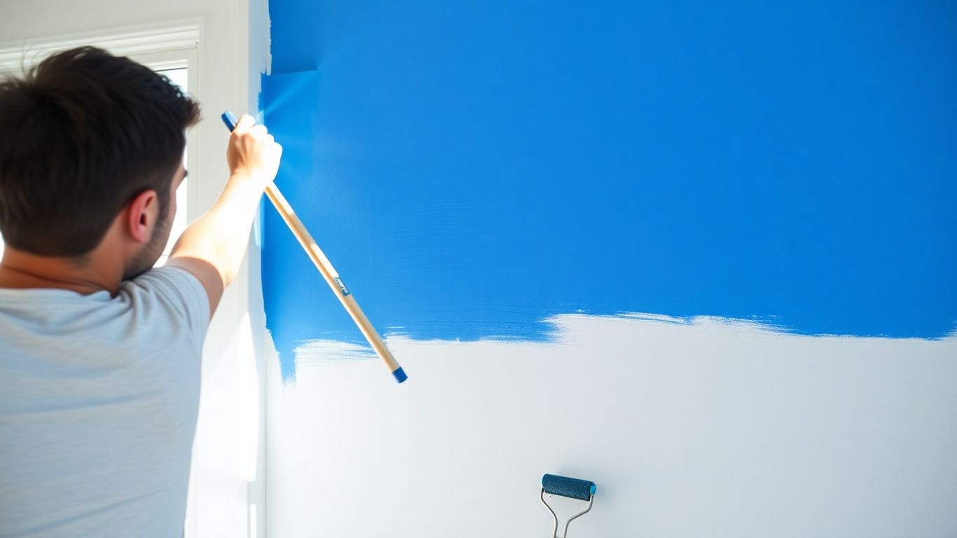 Painter applying smooth blue paint to interior wall.