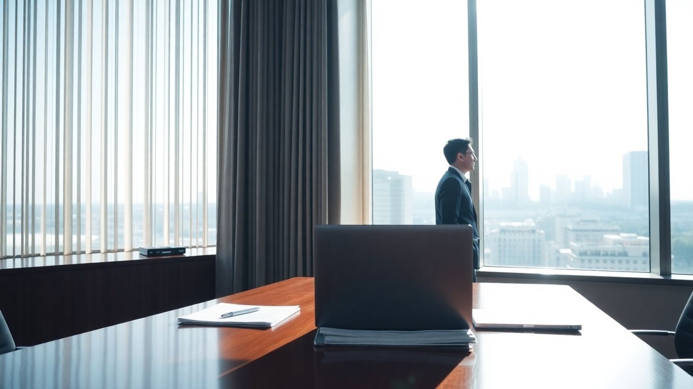 Man in suit looking out office window at city.