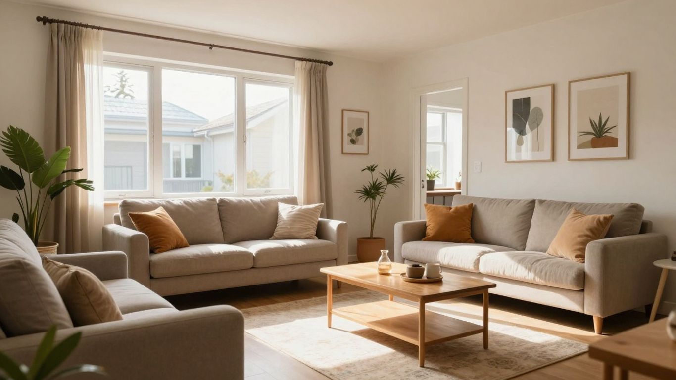 Modern Airbnb interior with natural light and comfortable seating.