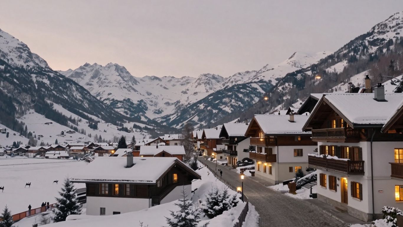 Snowy St Moritz village with elegant chalets and distant mountains.