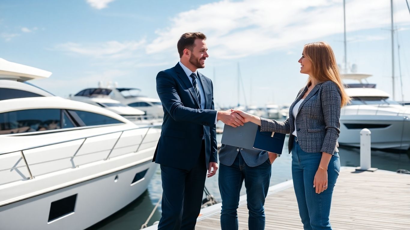 Yacht dealer greets couple beside small used yachts