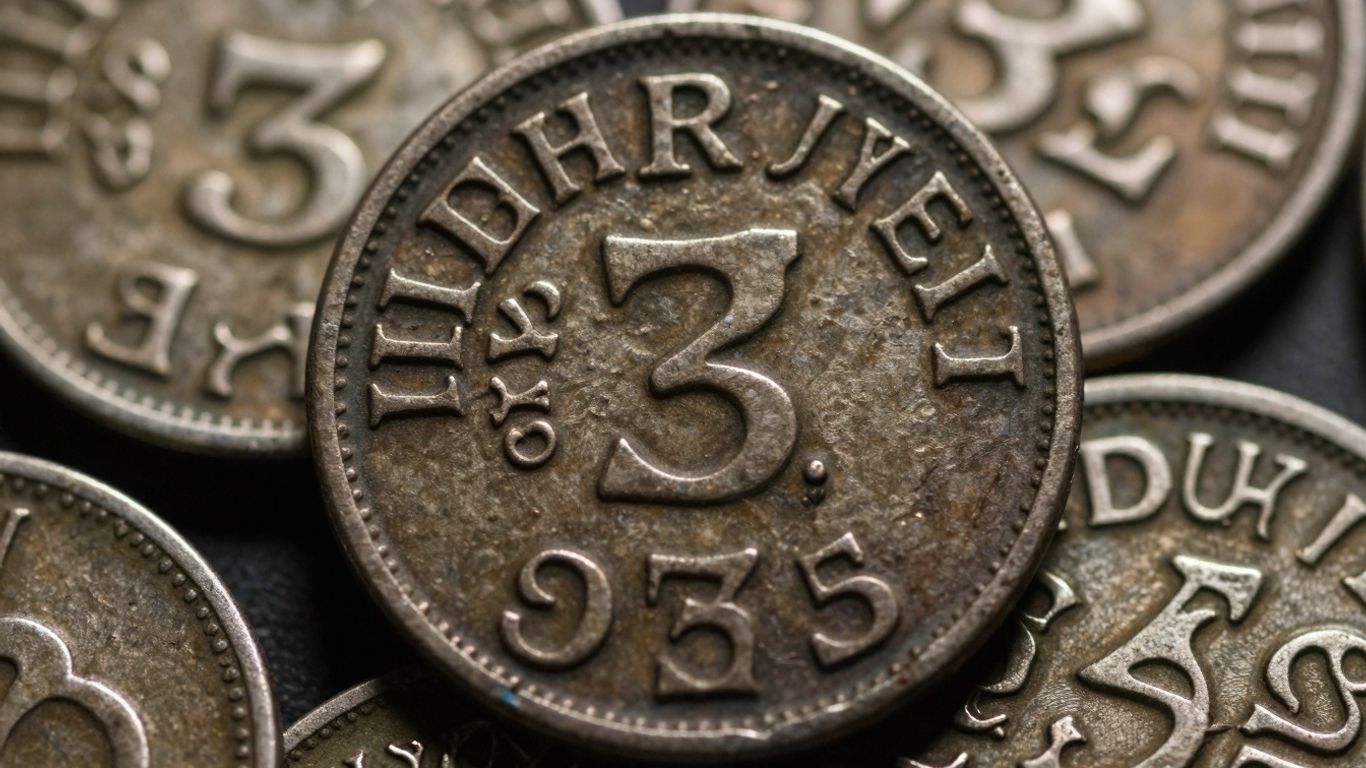 Close-up of old coins with visible dates.