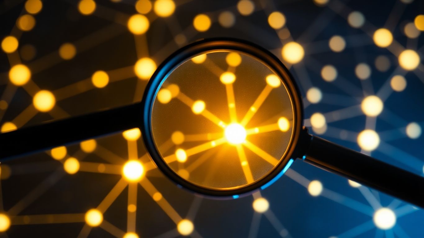 Magnifying glass over glowing network nodes
