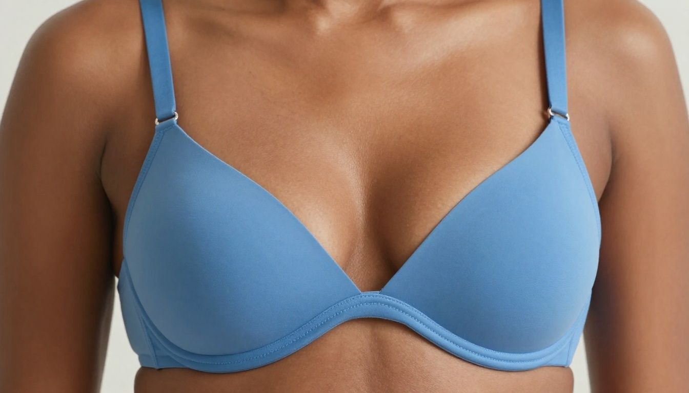 Augmented breasts in a blue bra.