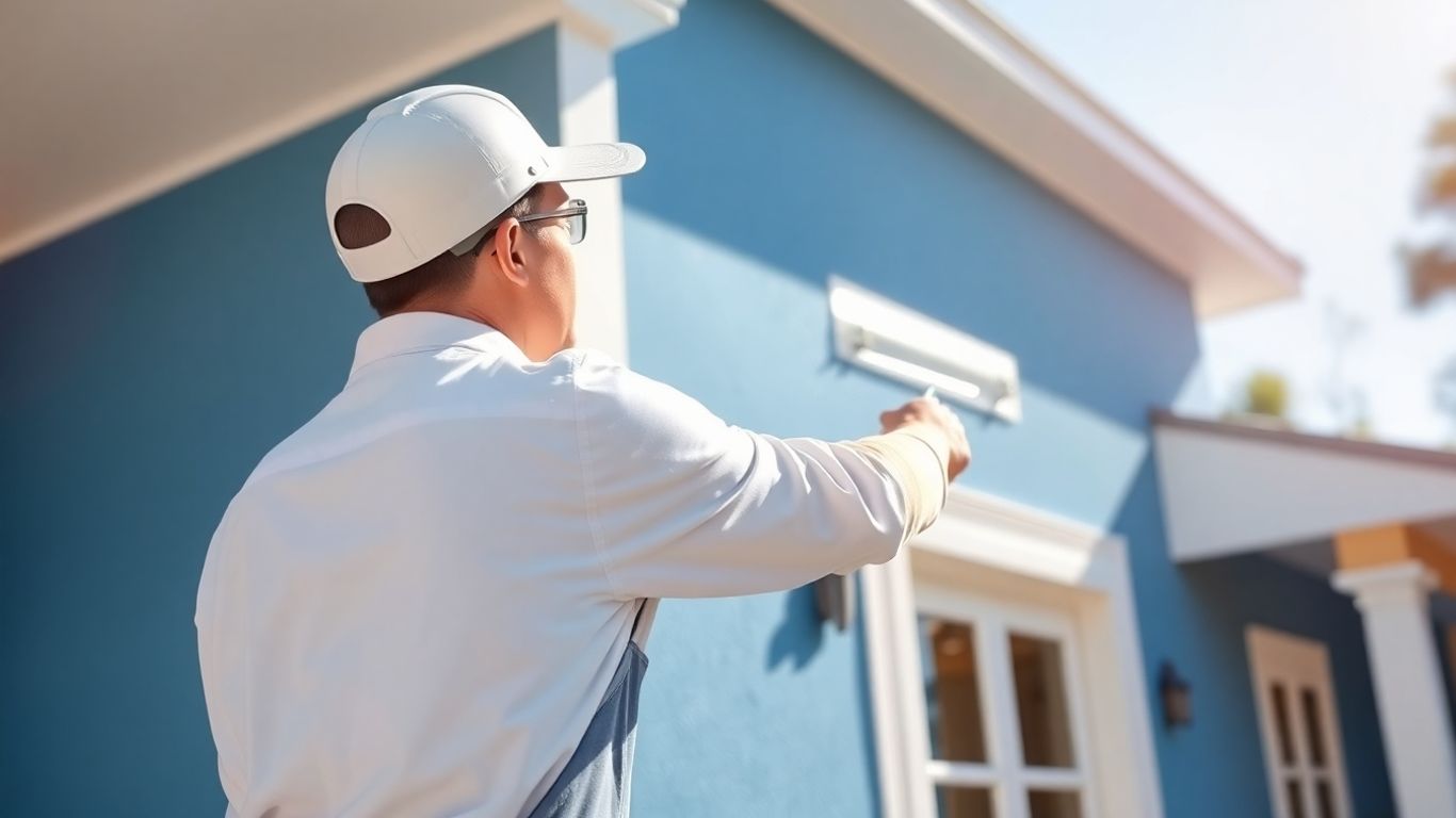 Painter applying blue paint to house exterior