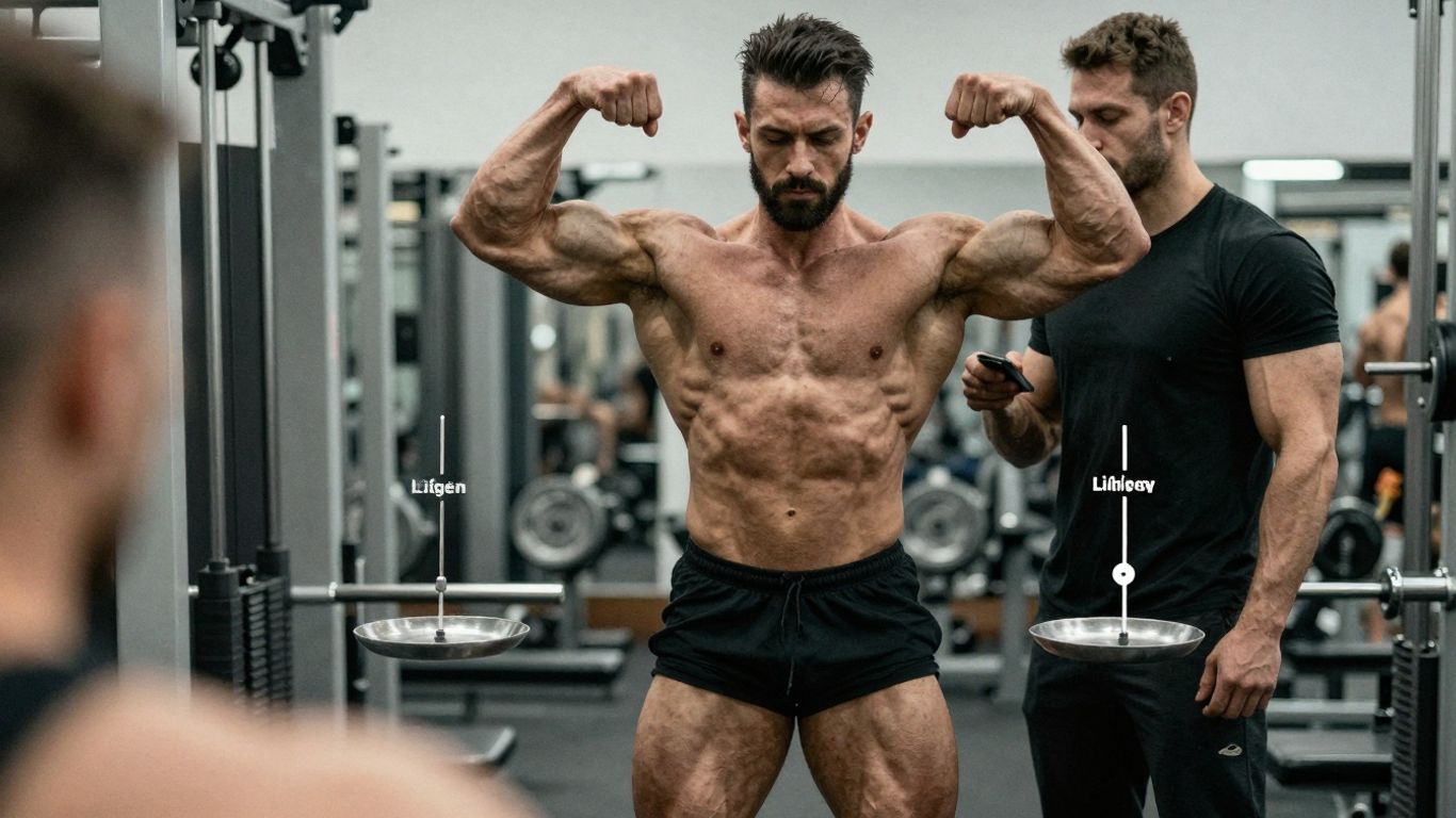 Bodybuilder with balanced physique, gym setting.