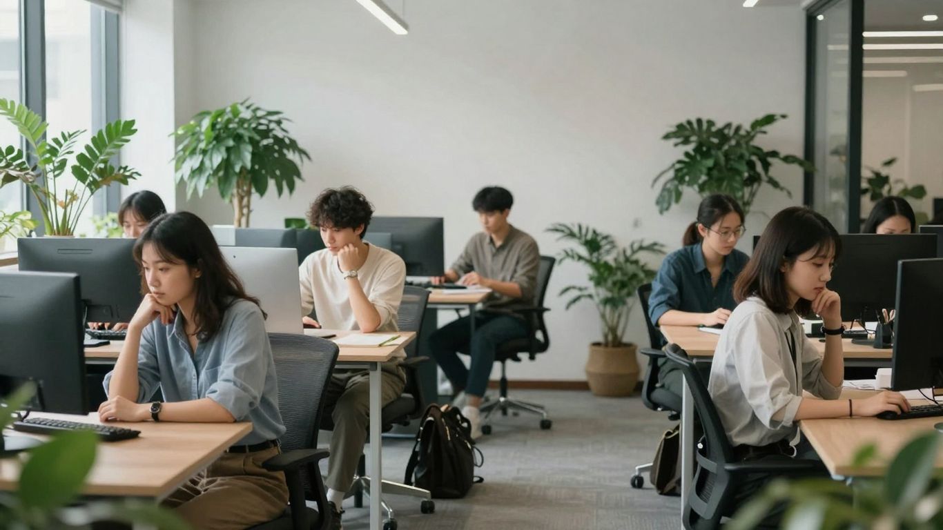 Modern office with calm individuals and plants.