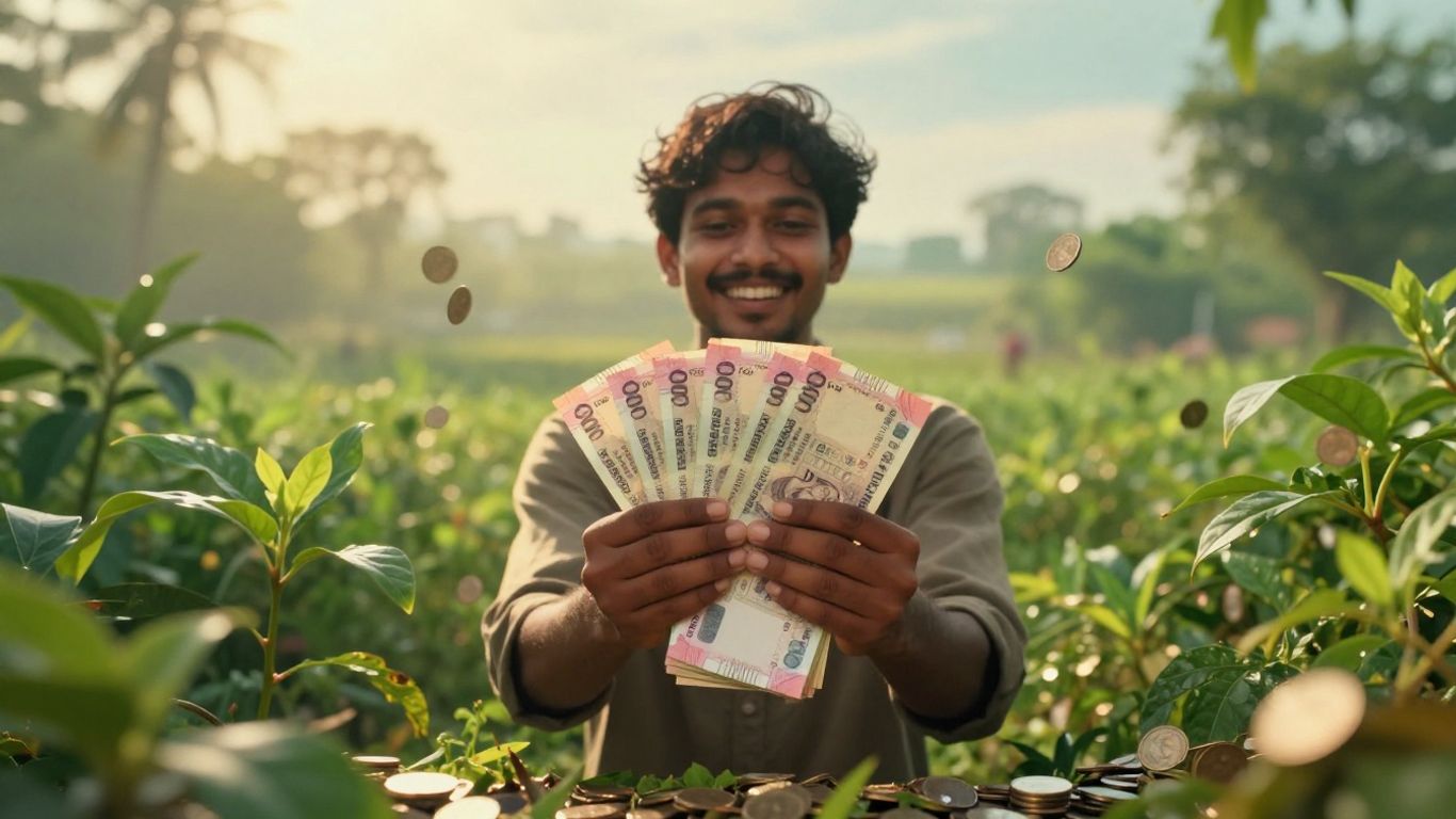 Person holding money, surrounded by plants and coins.