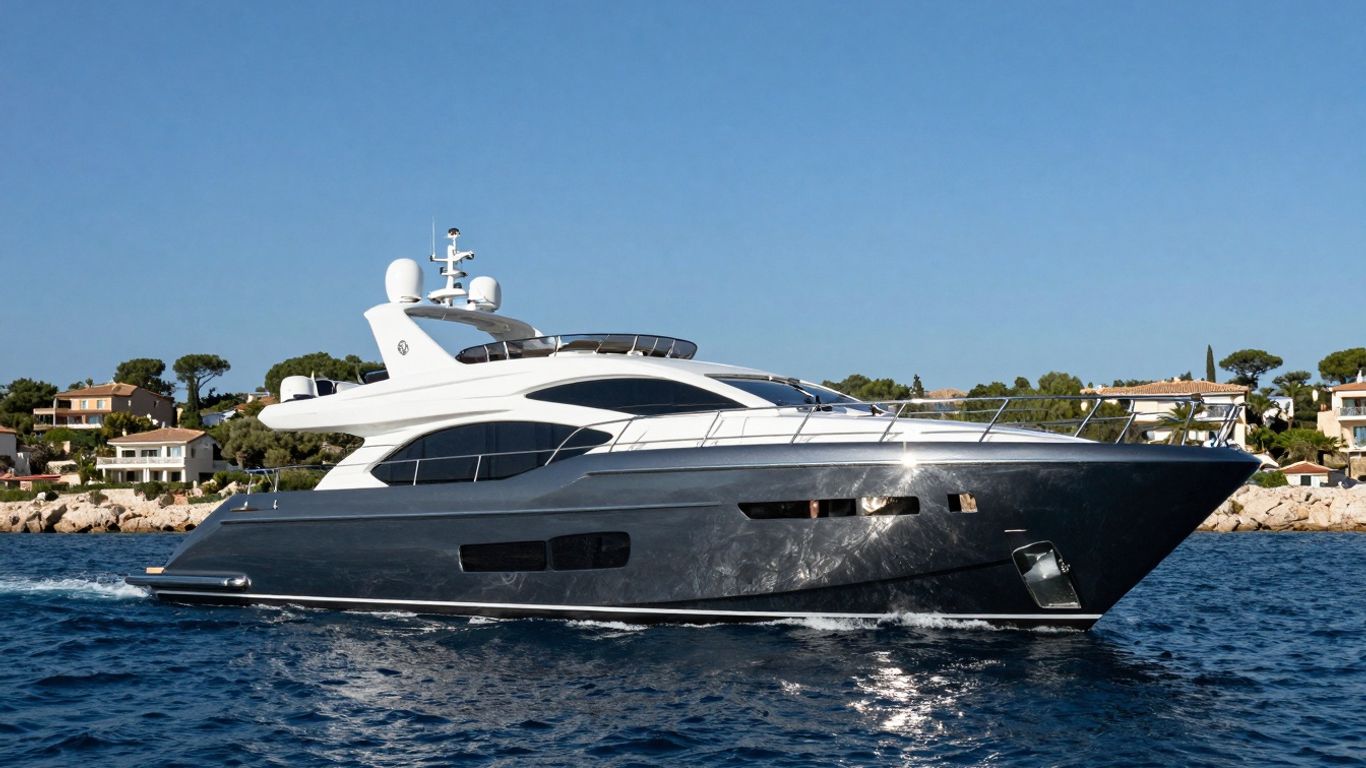 Luxury yacht sailing the Cote d'Azur coastline.