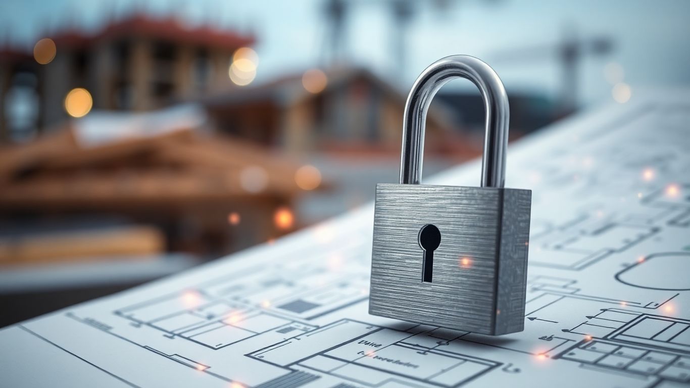 Digital padlock on construction blueprint with glowing data lines.
