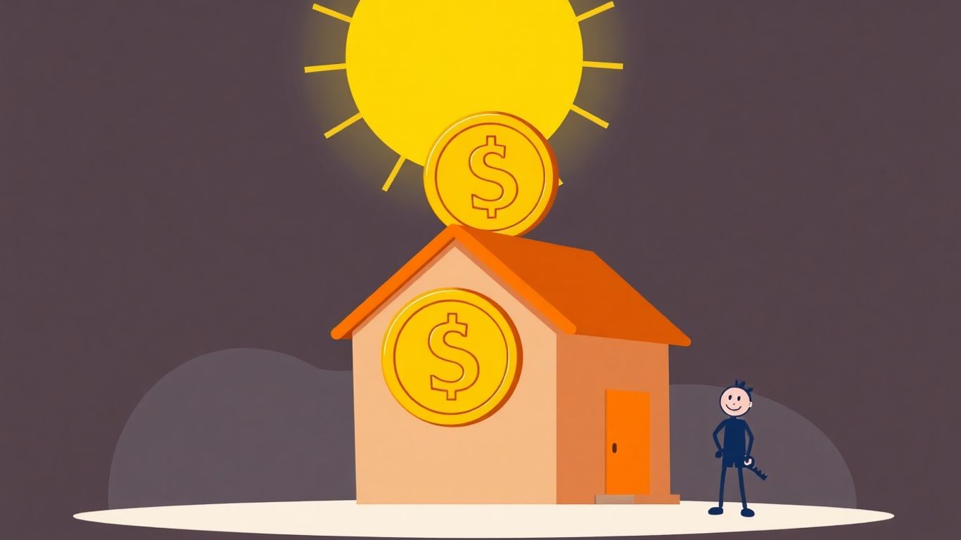 Cartoon house with golden coin and smiling person.