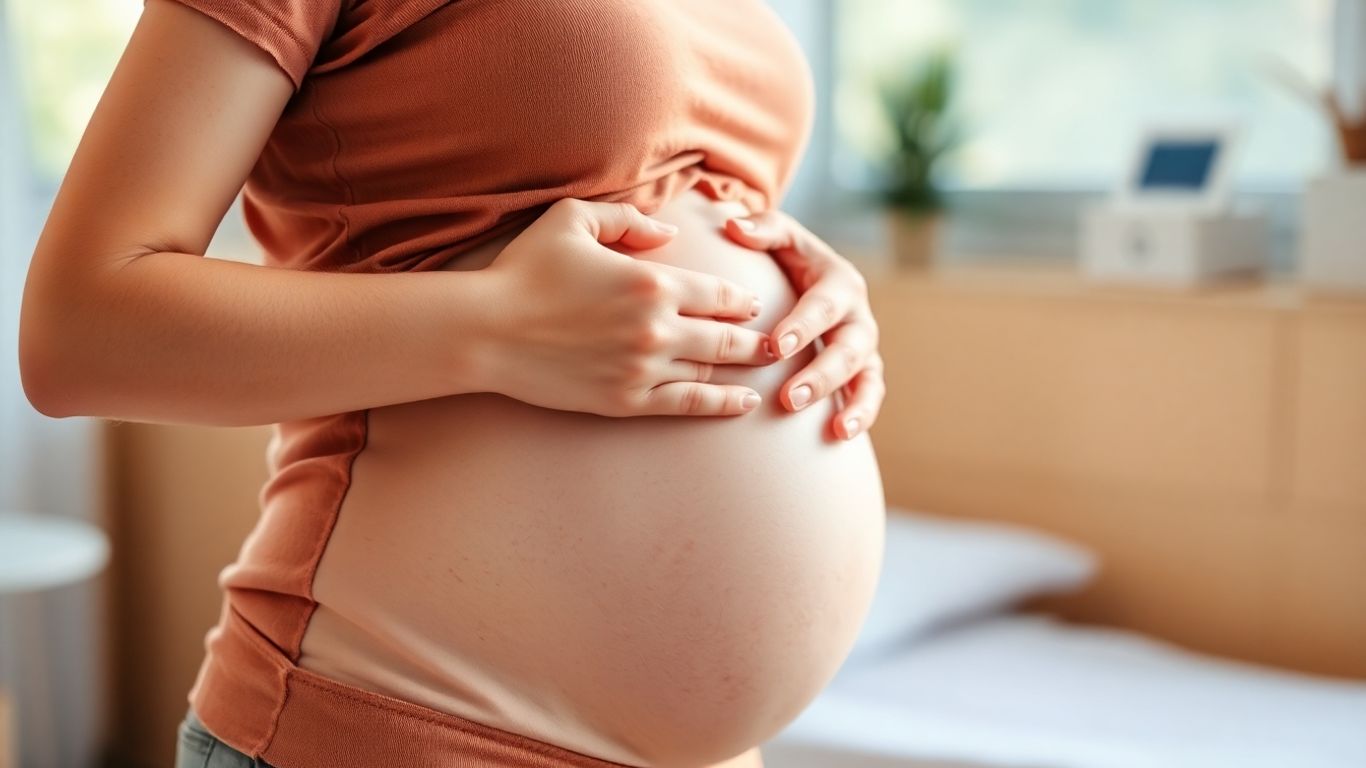 Mulher grávida tocando a barriga em ambiente médico.