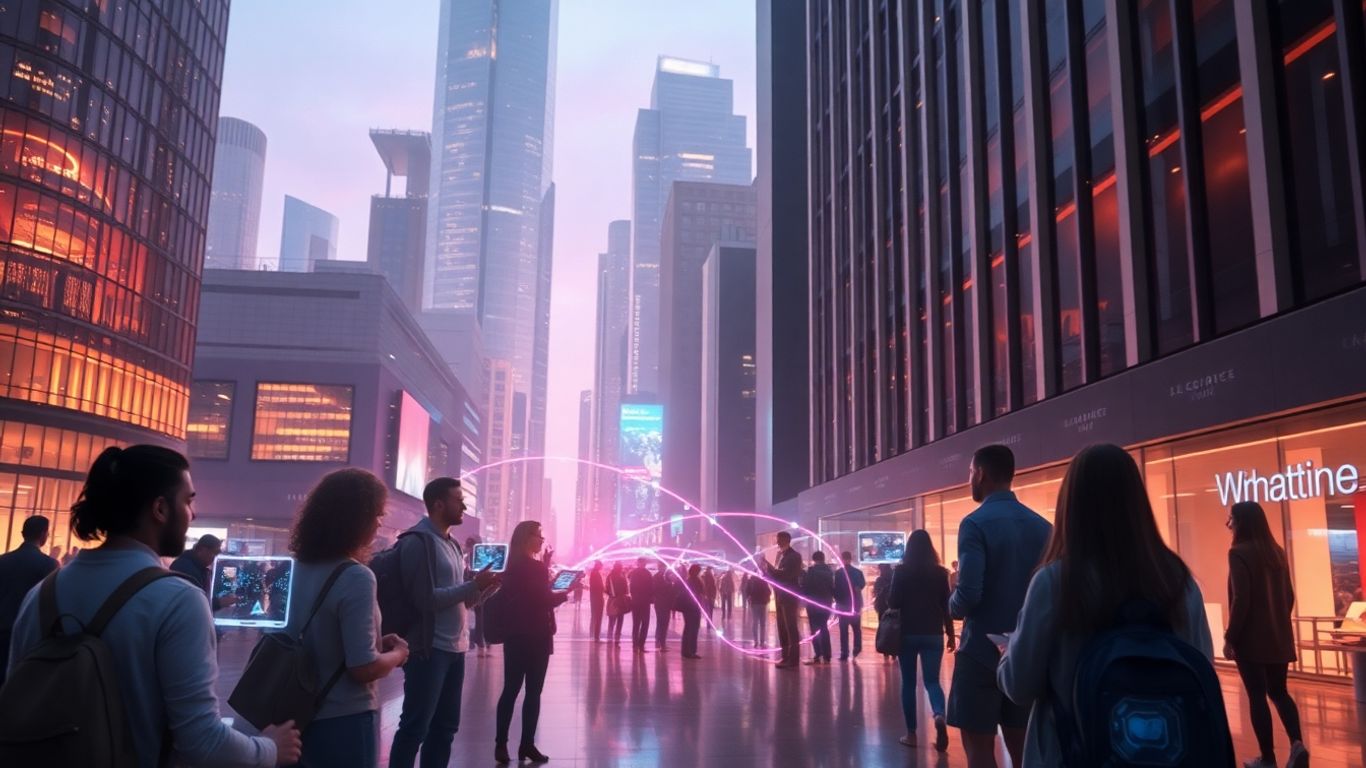 Futuristic cityscape with data streams and people using holograms.