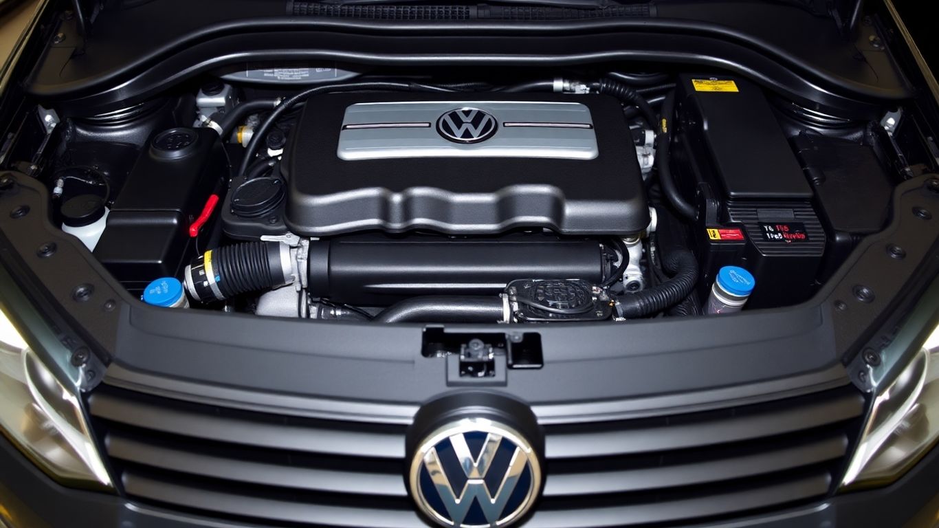 Volkswagen engine bay with various automotive parts.