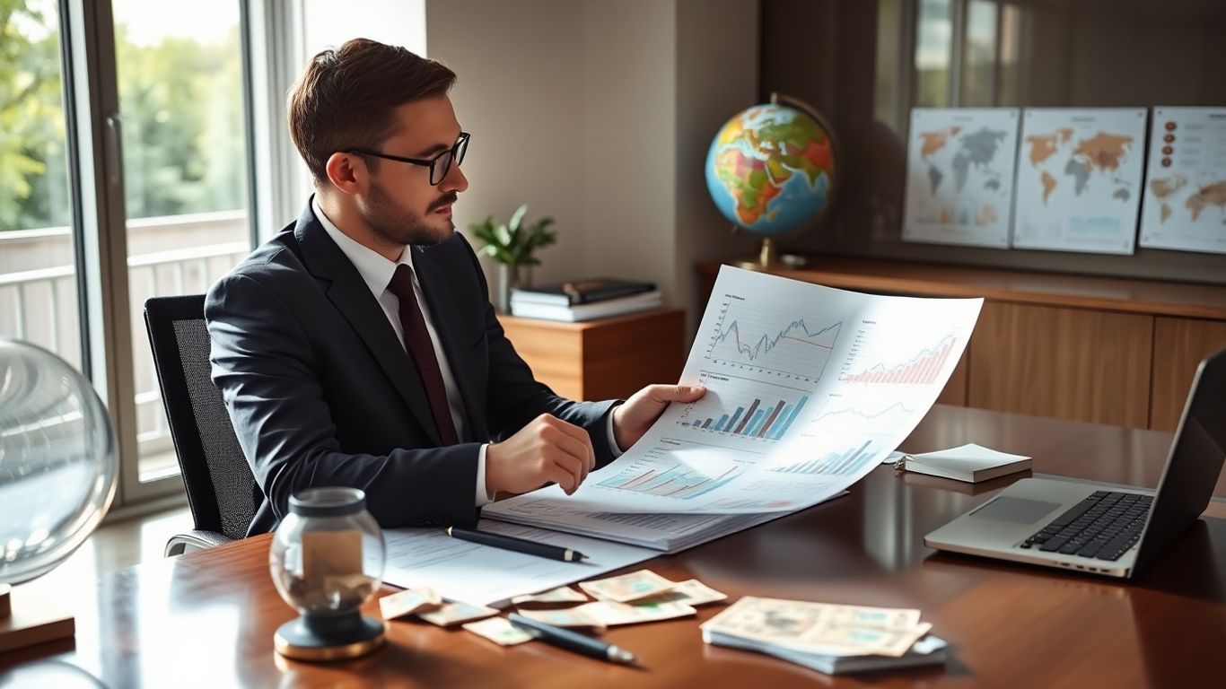 Geschäftsmann analysiert Finanzunterlagen im internationalen Umfeld.