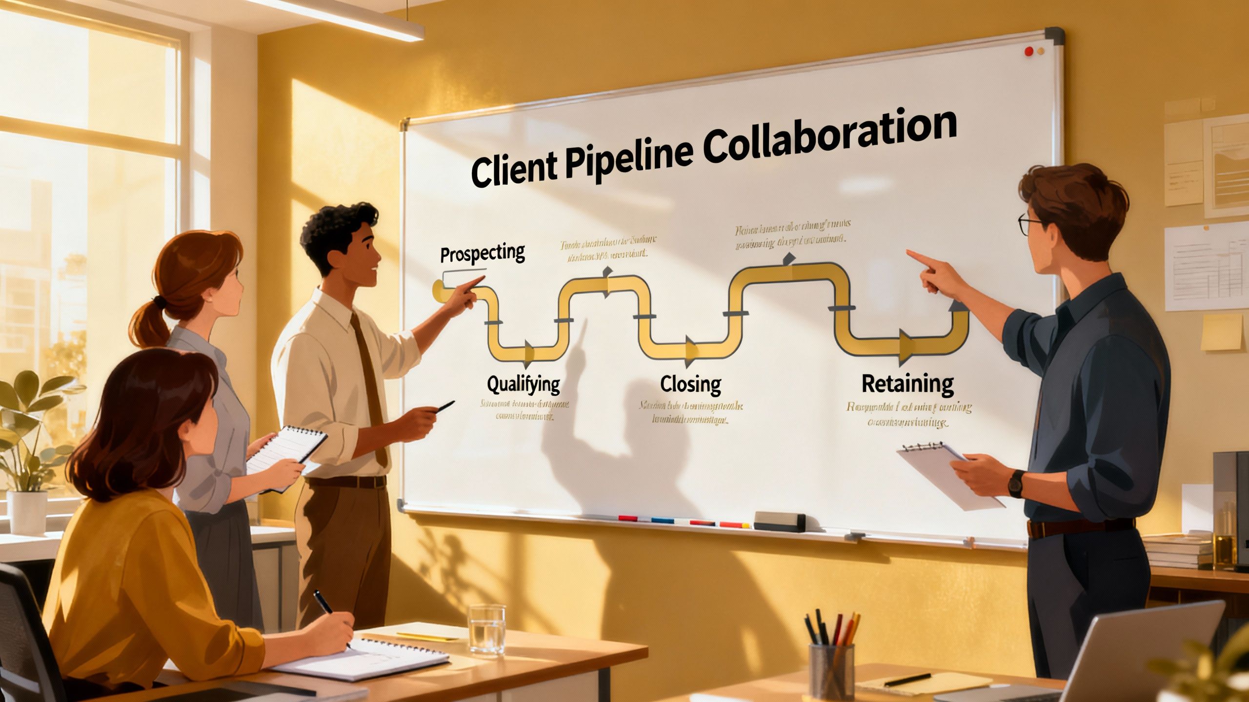 small business team collaborating on client pipeline