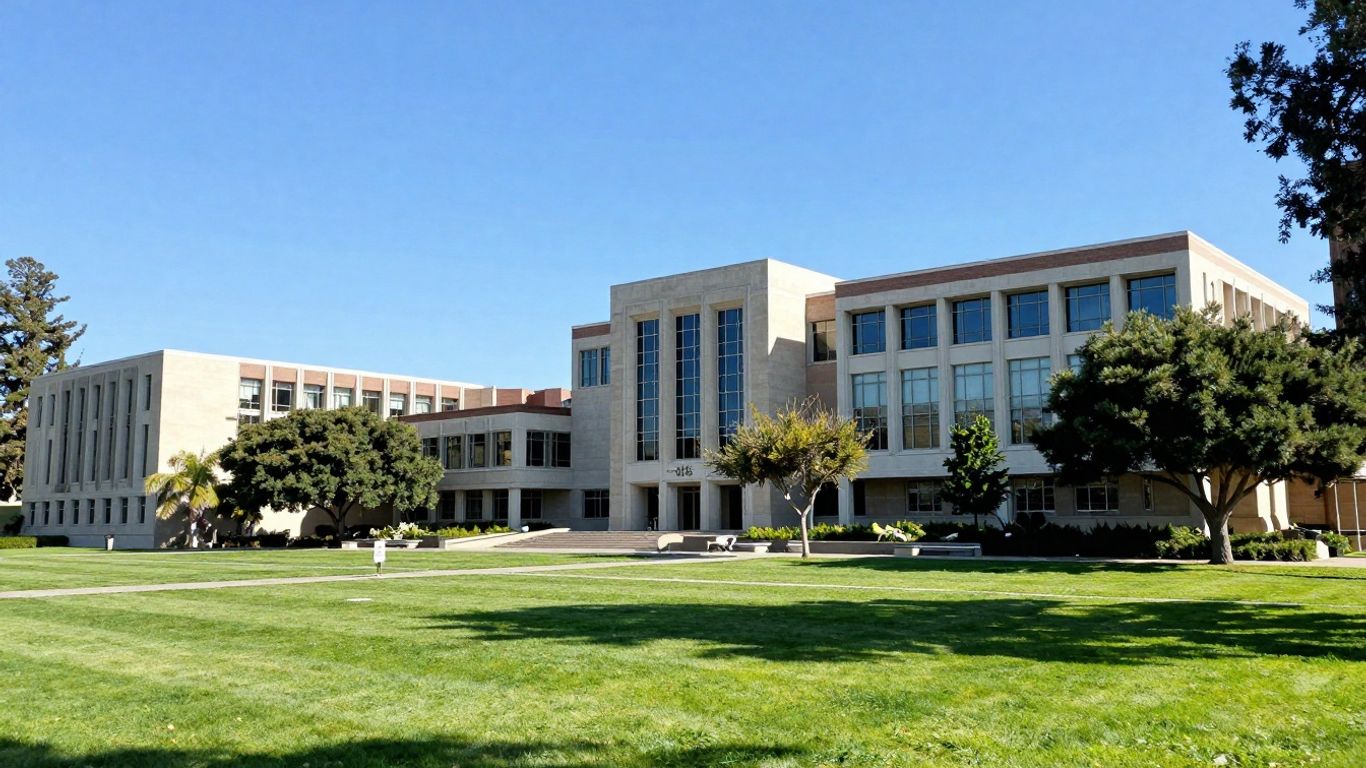 Caltech campus architecture and greenery under a blue sky.