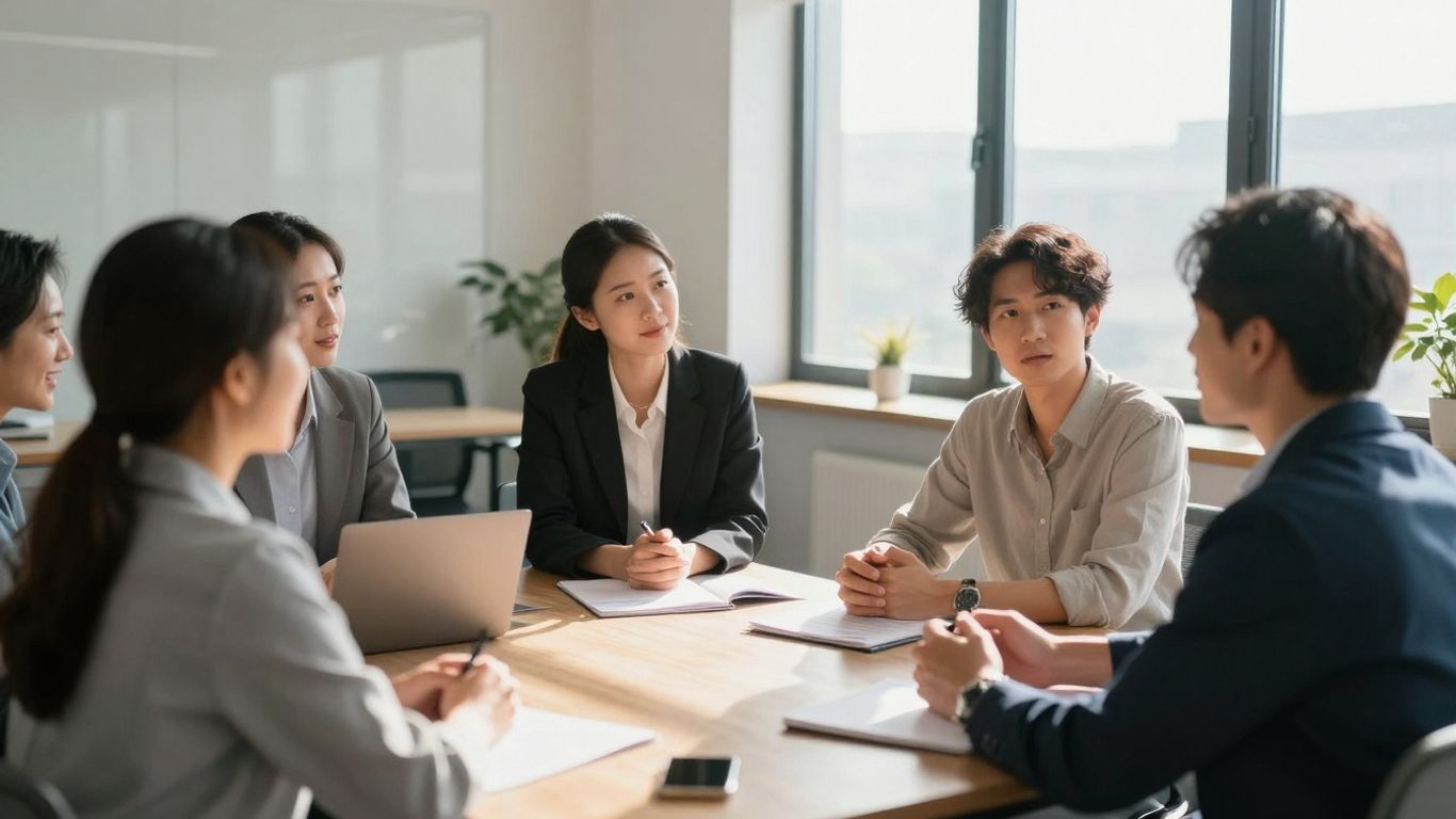 Business professionals collaborating in a bright, modern office.