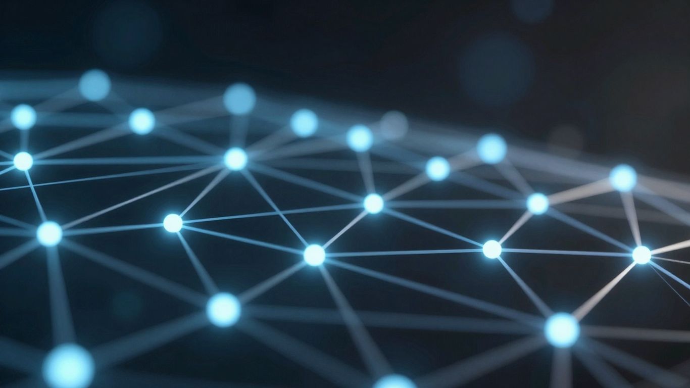 Digital network with glowing nodes and data streams.