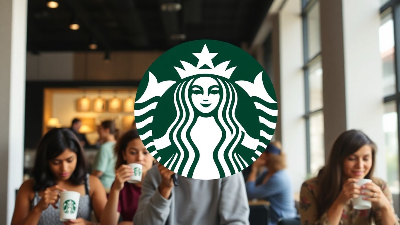 Starbucks logo with happy customers enjoying coffee