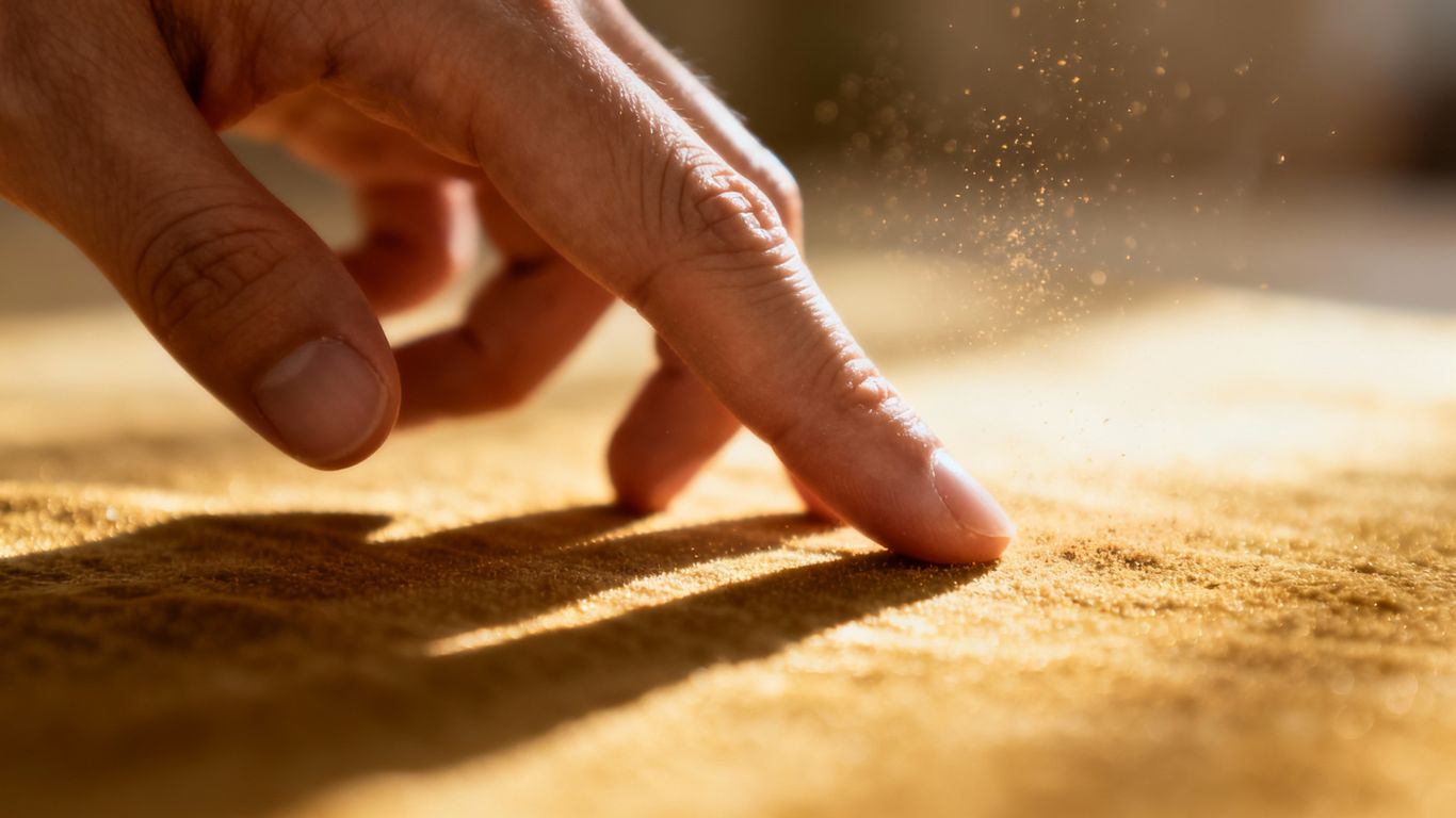 Hand touching a textured surface, soft light.