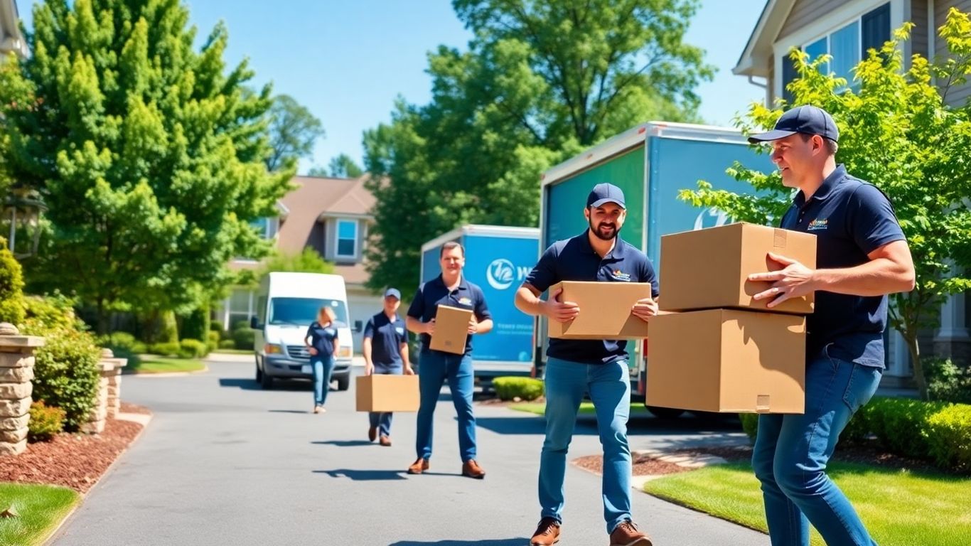 Movers carrying boxes outside a New Jersey suburban home