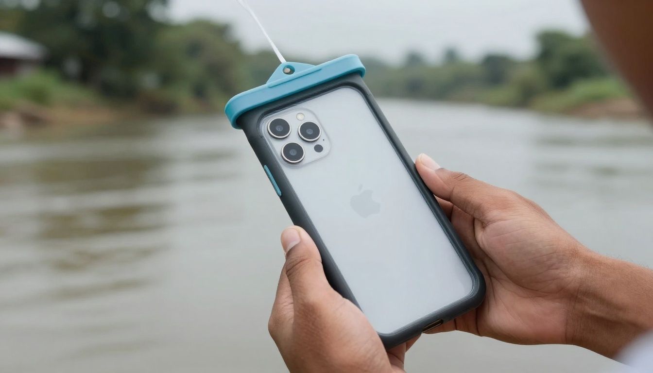 A waterproof phone case being used by a person near a river, focusing on the generic smartphone and its sealed case