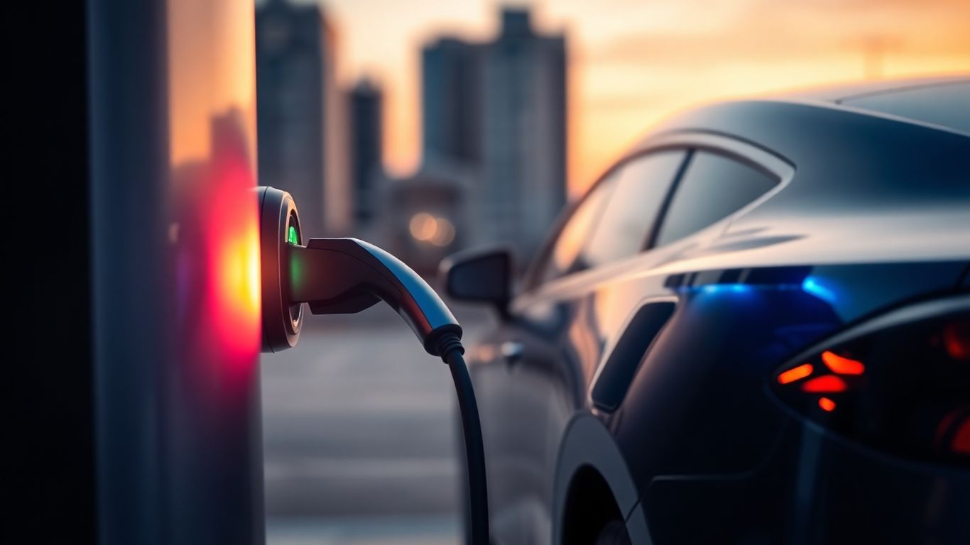 Electric car charging at a futuristic station at dusk.