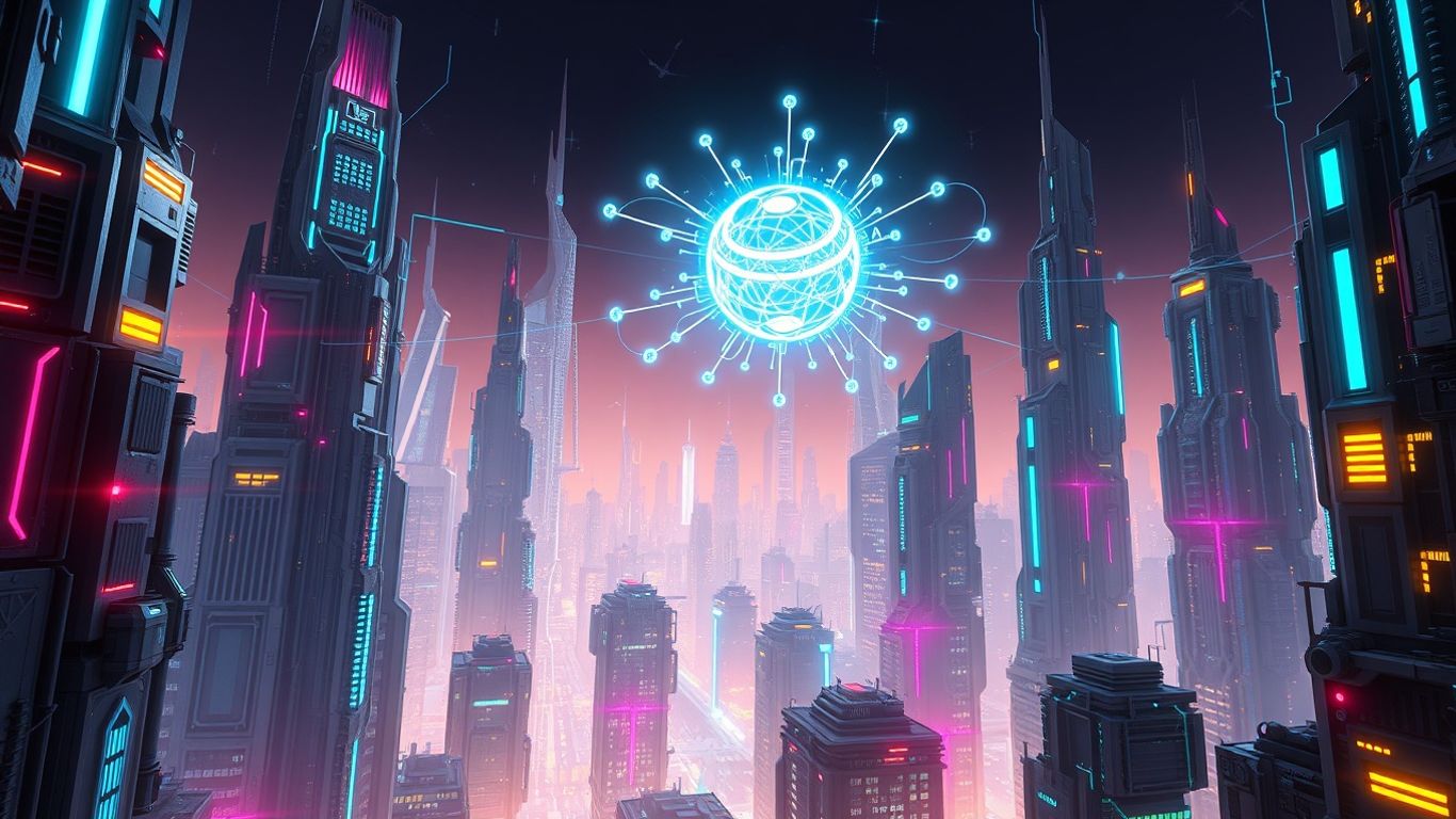 Futuristic city with AI elements, game aesthetic.