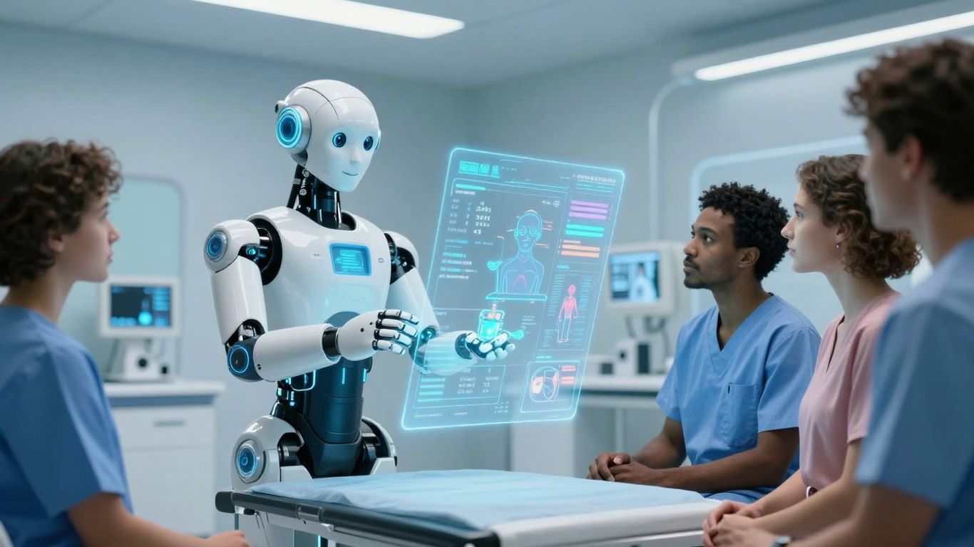 AI robot assisting diverse patients with futuristic medical interface.