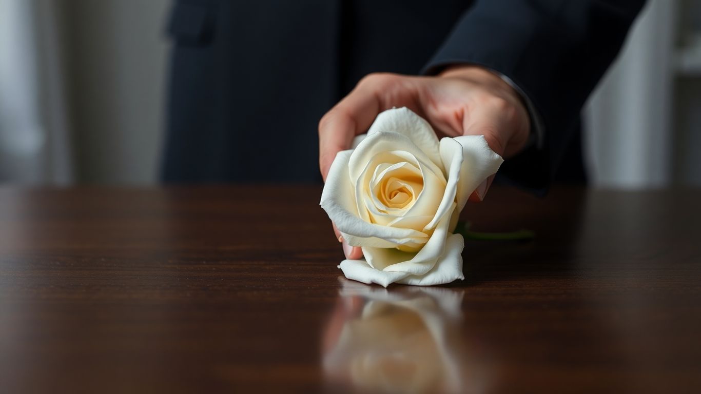 Hand placing a white rose, symbolizing remembrance.