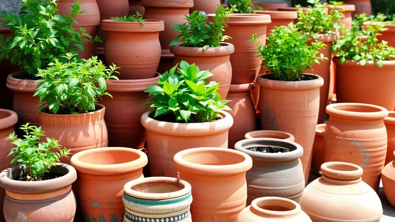 Vasos de barro com plantas em luz natural.
