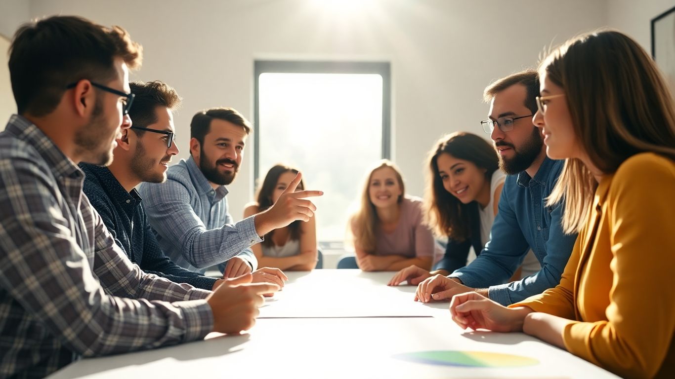 Team collaborating effectively, discussing ideas in a bright meeting room.