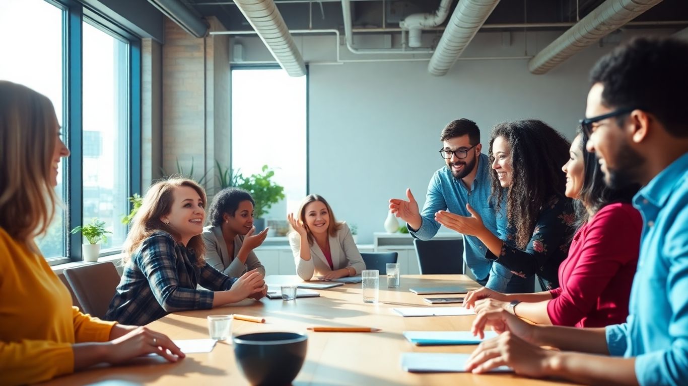 Team collaborating in a bright, modern office.