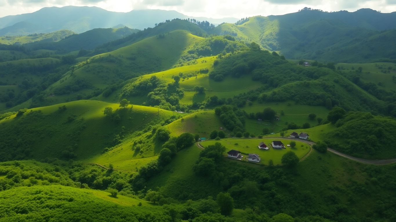 Jamaican landscape with farms and hills.