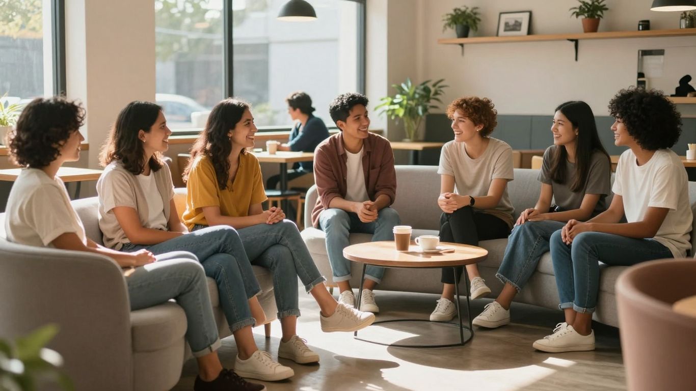 People socialising in a bright, welcoming hostel common room.