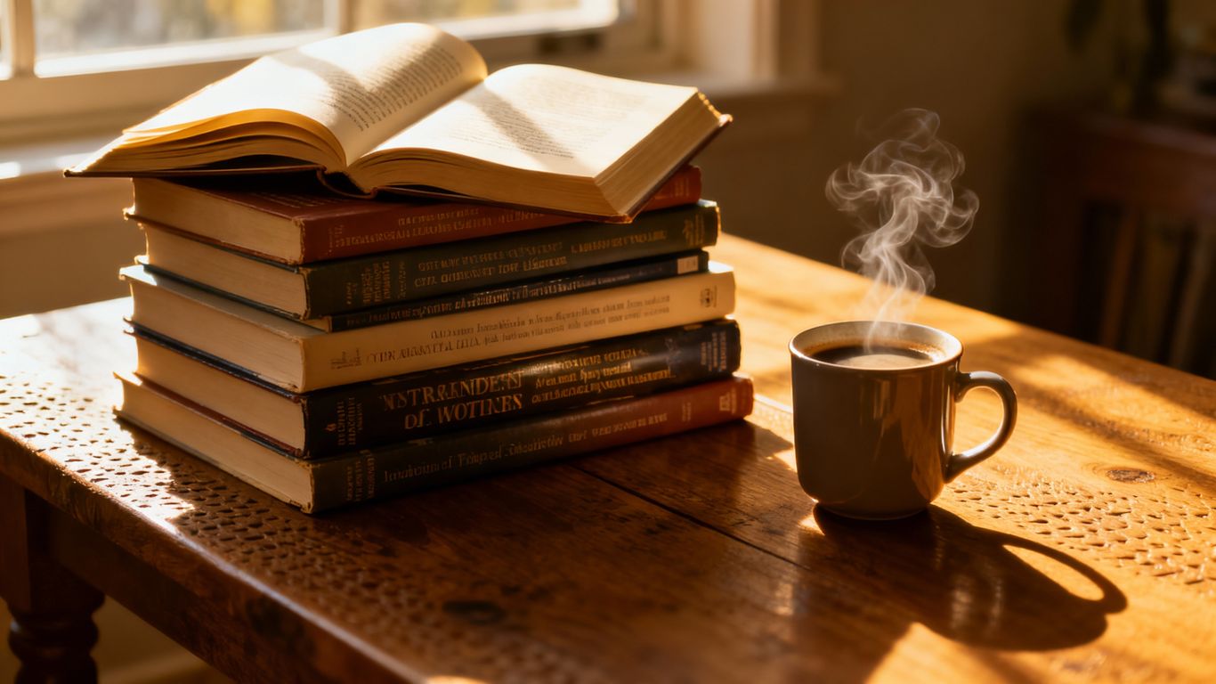 Stack of open nonfiction books with coffee mug.