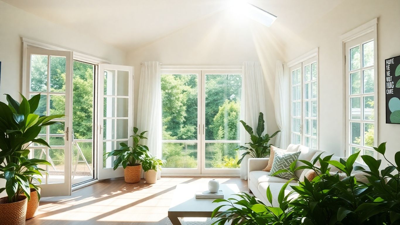 Sunlit living room with open windows and gentle breeze.