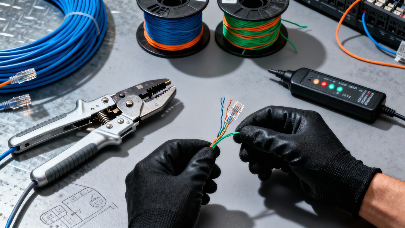 Modern network cabling tools and colorful Ethernet cables