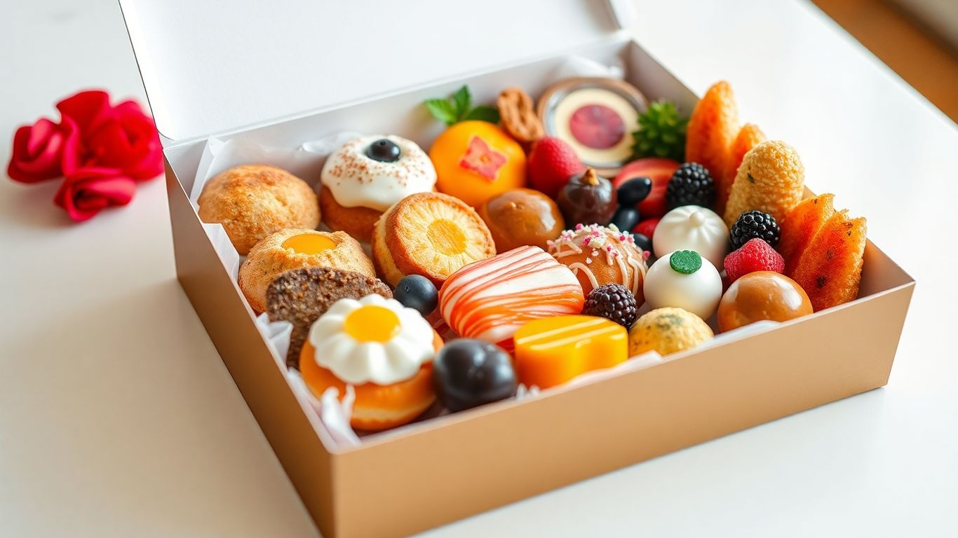 กล่องขนมพรมารีย์หลากหลายชนิด จัดวางอย่างสวยงาม