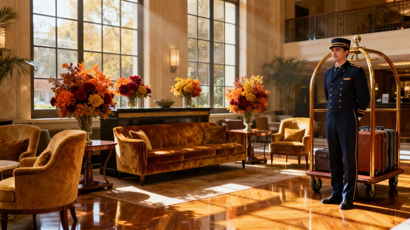 Hotel lobby with autumn decor and bellhop.