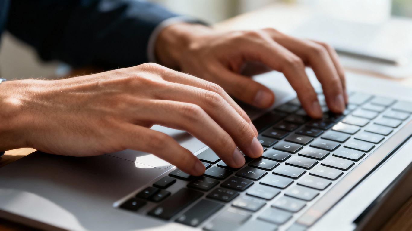 Hands typing on a laptop keyboard.