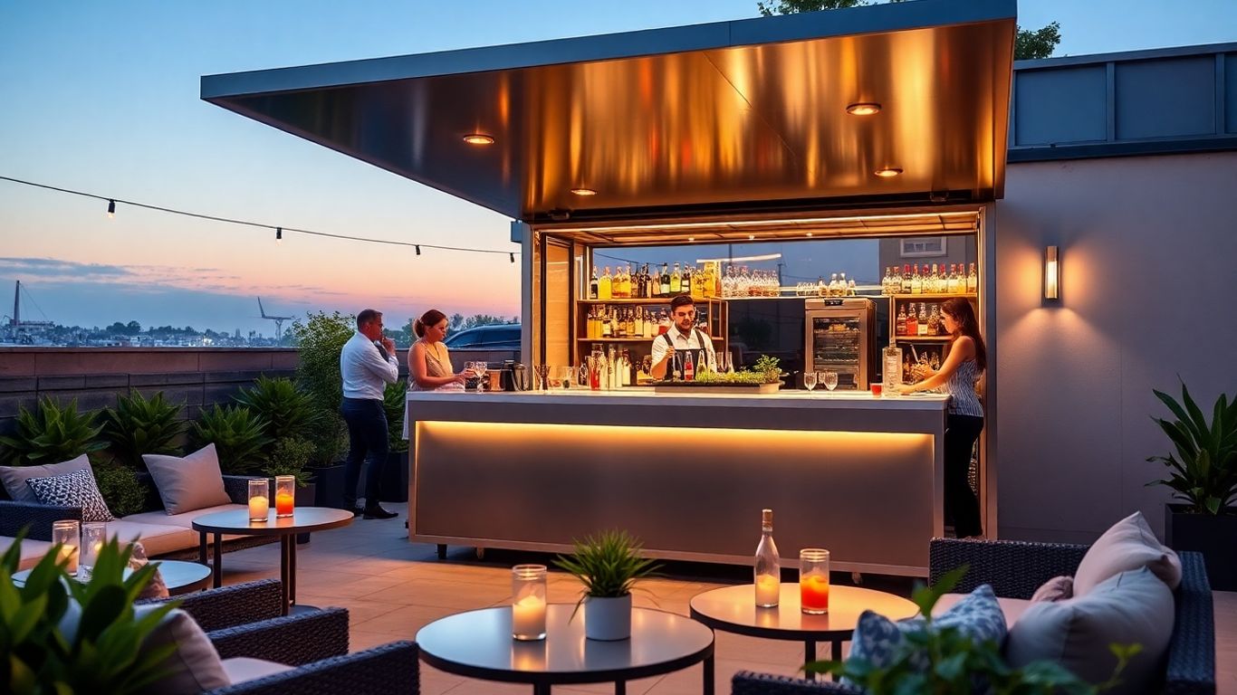 Moveable outdoor bar with chefs and happy guests enjoying drinks