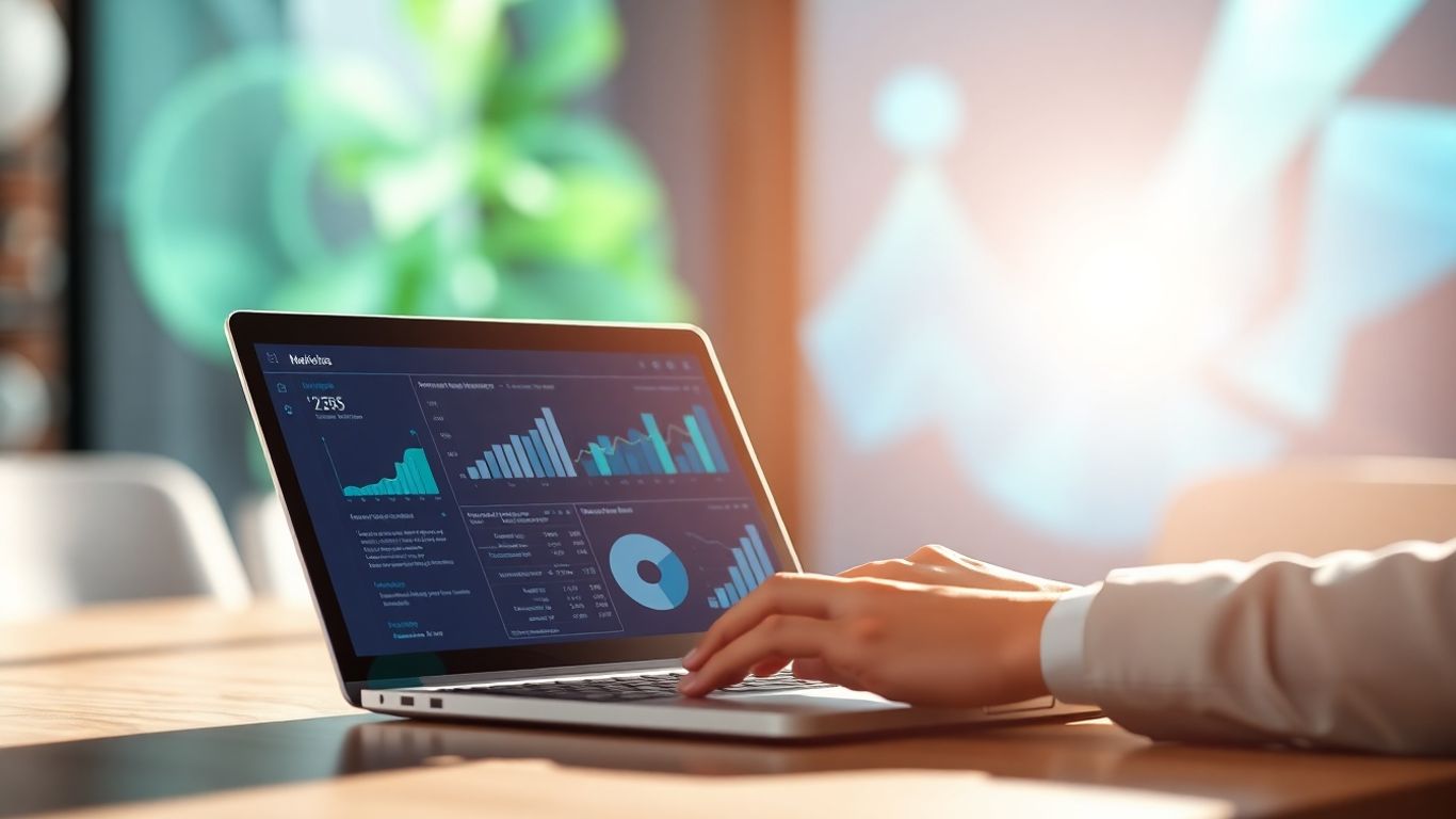 Marketing professional analyzing cost-per-lead data on a laptop.